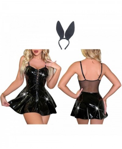 Women Glossy Latex Leather Flared Dress Ladies Lace-up Front Camisole Mini Dress with Headwear Suit Party Carnival Club Cloth...