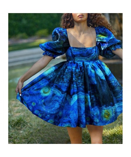 7 Colors Vintage Women Puff Sleeve Empire Oil Painting Printing Dress Waist Ball Gown Party Dress Female Summer Holiday Dress...