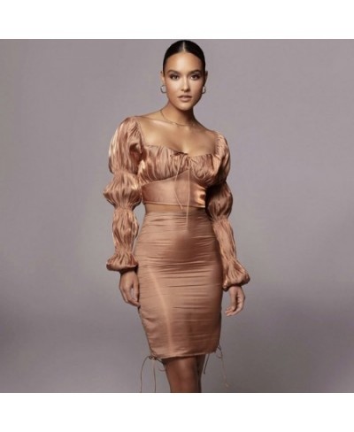 2023 New Fashion Women Sexy Square Neck Fold Two Piece Set Bodycon Party Long Sleeve Top Bodysuit Short Skirt Set Suit $88.22...