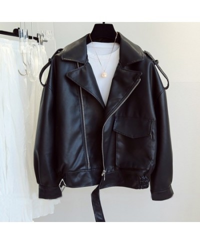 Autumn Winter New Soft Faux Leather Jacket Women Loose Moto Bike Coat Streetwear Female Brown PU Leather Jackets with Belt $7...