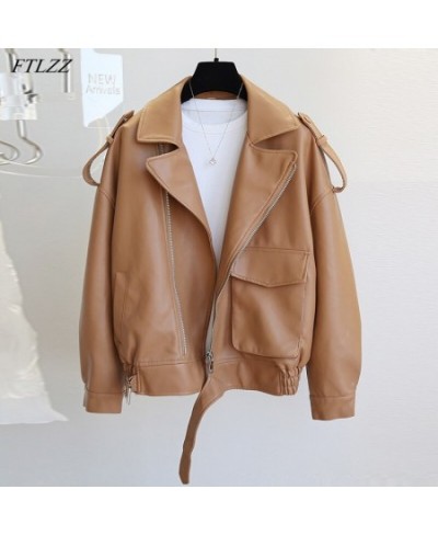 Autumn Winter New Soft Faux Leather Jacket Women Loose Moto Bike Coat Streetwear Female Brown PU Leather Jackets with Belt $7...