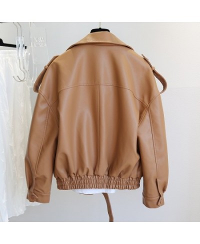 Autumn Winter New Soft Faux Leather Jacket Women Loose Moto Bike Coat Streetwear Female Brown PU Leather Jackets with Belt $7...