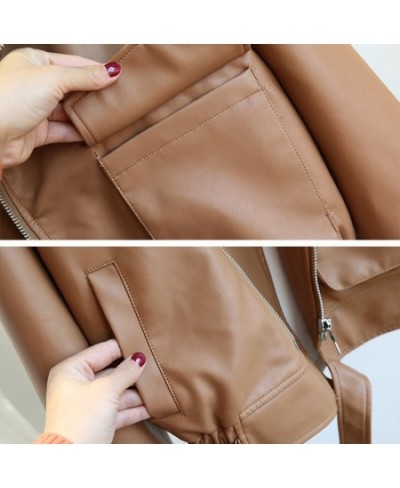 Autumn Winter New Soft Faux Leather Jacket Women Loose Moto Bike Coat Streetwear Female Brown PU Leather Jackets with Belt $7...