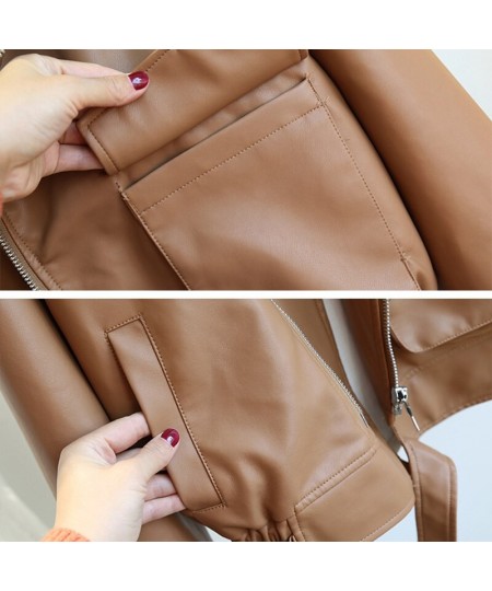 Autumn Winter New Soft Faux Leather Jacket Women Loose Moto Bike Coat Streetwear Female Brown PU Leather Jackets with Belt $7...