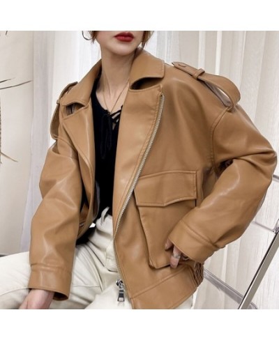 Autumn Winter New Soft Faux Leather Jacket Women Loose Moto Bike Coat Streetwear Female Brown PU Leather Jackets with Belt $7...