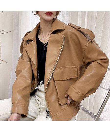 Autumn Winter New Soft Faux Leather Jacket Women Loose Moto Bike Coat Streetwear Female Brown PU Leather Jackets with Belt $7...