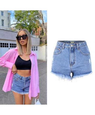 Women's high waist denim shorts are tall and thin washed with holes and tassels popular beach holiday pockets on the streets ...