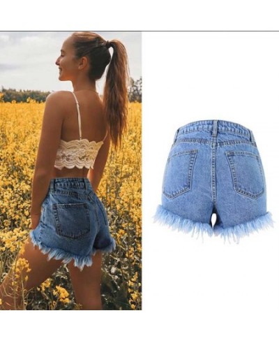 Women's high waist denim shorts are tall and thin washed with holes and tassels popular beach holiday pockets on the streets ...