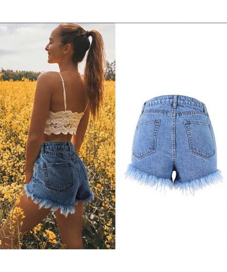 Women's high waist denim shorts are tall and thin washed with holes and tassels popular beach holiday pockets on the streets ...