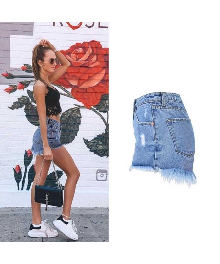 Women's high waist denim shorts are tall and thin washed with holes and tassels popular beach holiday pockets on the streets ...