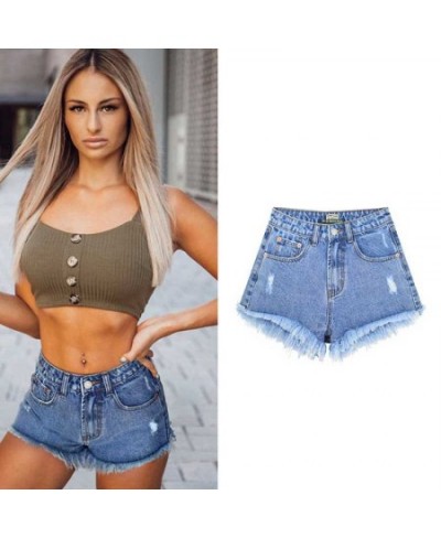 Women's high waist denim shorts are tall and thin washed with holes and tassels popular beach holiday pockets on the streets ...