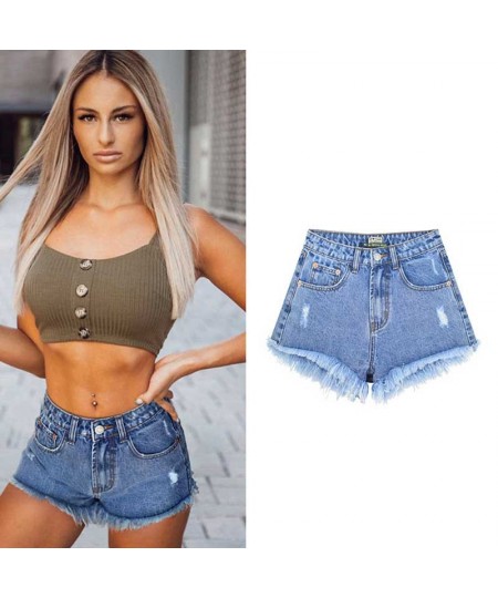 Women's high waist denim shorts are tall and thin washed with holes and tassels popular beach holiday pockets on the streets ...