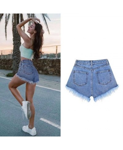 Women's high waist denim shorts are tall and thin washed with holes and tassels popular beach holiday pockets on the streets ...