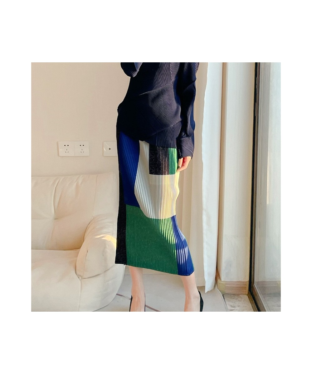 2022 new color matching straight skirt Miyak fold Fashion high elasticity slim wrap hip slit plus size skirt women $91.98 - S...