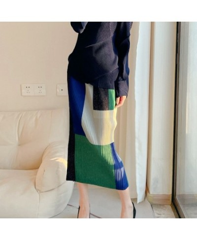 2022 new color matching straight skirt Miyak fold Fashion high elasticity slim wrap hip slit plus size skirt women $91.98 - S...