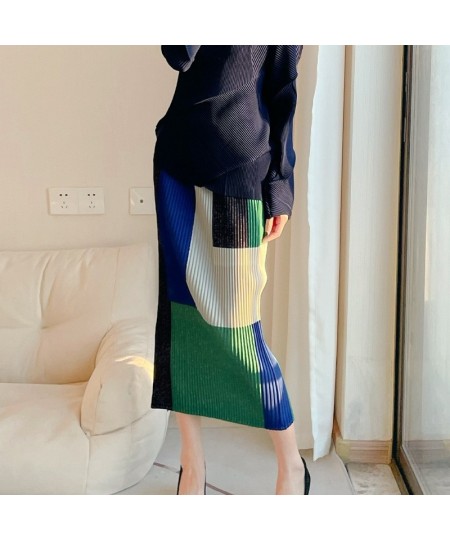 2022 new color matching straight skirt Miyak fold Fashion high elasticity slim wrap hip slit plus size skirt women $91.98 - S...