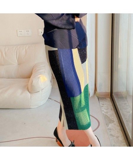 2022 new color matching straight skirt Miyak fold Fashion high elasticity slim wrap hip slit plus size skirt women $91.98 - S...