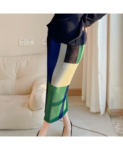 2022 new color matching straight skirt Miyak fold Fashion high elasticity slim wrap hip slit plus size skirt women $91.98 - S...