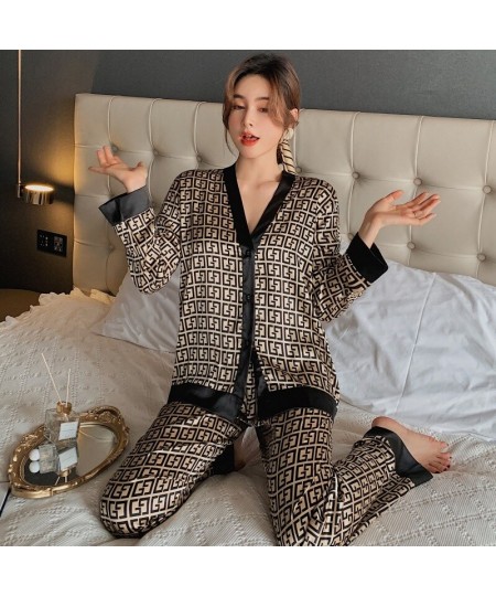 Women's Pajamas Summer Pijama Silk Sleepwear Thin V-neck Long-sleeved Sleepwear Female Home Wear Elegant Pajama $25.55 - Slee...