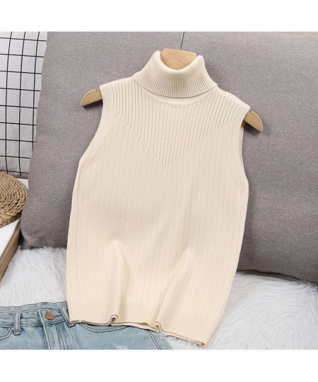 Turtleneck knitted Tank Top Elegant Sleeveless Solid White Women Tops Sexy Summer 2022 Spring $32.00 - Tops & Tees