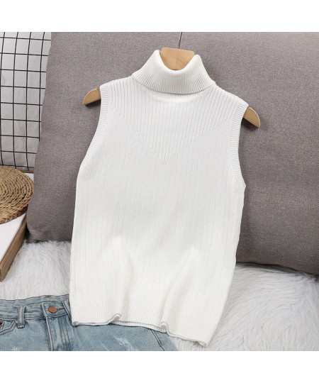 Turtleneck knitted Tank Top Elegant Sleeveless Solid White Women Tops Sexy Summer 2022 Spring $32.00 - Tops & Tees