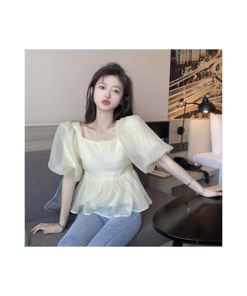 Blouse Women Summer Elegant Lovely Simple Solid Bow Fashion Daily Puff Sleeve Chic Vintage Casual Square Collar Soft Ulzzang ...