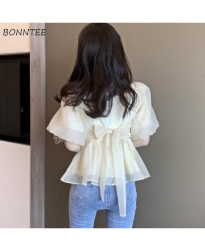 Blouse Women Summer Elegant Lovely Simple Solid Bow Fashion Daily Puff Sleeve Chic Vintage Casual Square Collar Soft Ulzzang ...