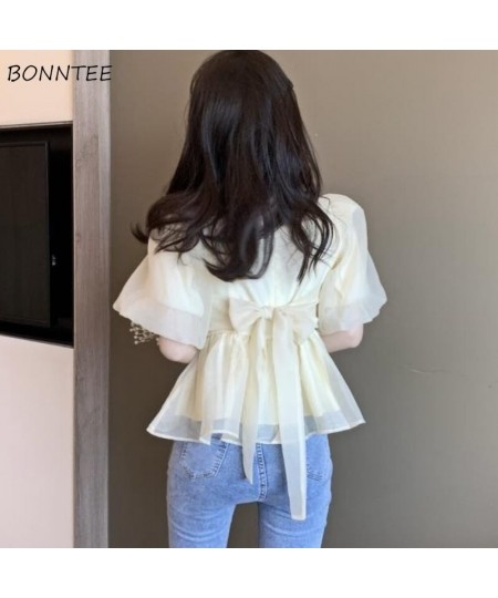 Blouse Women Summer Elegant Lovely Simple Solid Bow Fashion Daily Puff Sleeve Chic Vintage Casual Square Collar Soft Ulzzang ...