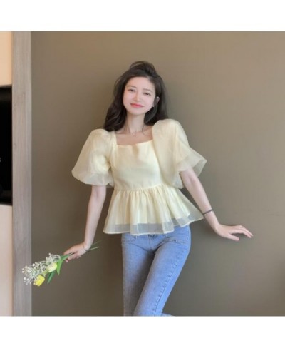 Blouse Women Summer Elegant Lovely Simple Solid Bow Fashion Daily Puff Sleeve Chic Vintage Casual Square Collar Soft Ulzzang ...