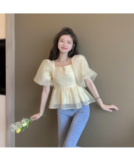 Blouse Women Summer Elegant Lovely Simple Solid Bow Fashion Daily Puff Sleeve Chic Vintage Casual Square Collar Soft Ulzzang ...