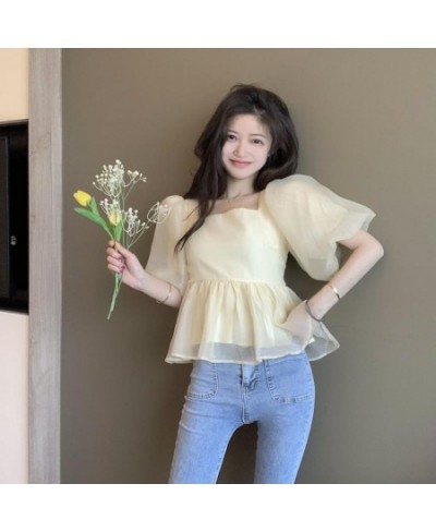 Blouse Women Summer Elegant Lovely Simple Solid Bow Fashion Daily Puff Sleeve Chic Vintage Casual Square Collar Soft Ulzzang ...