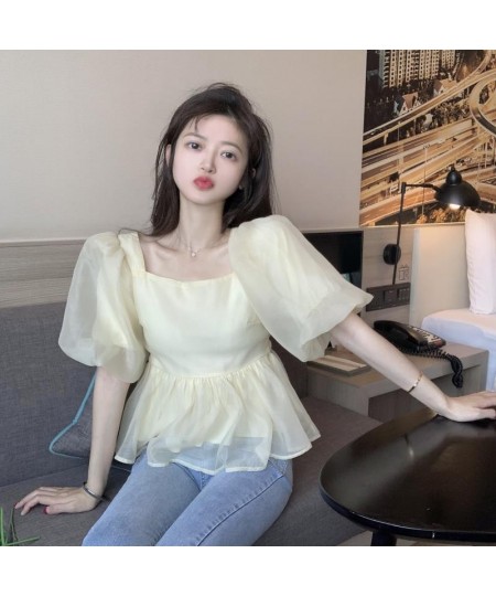 Blouse Women Summer Elegant Lovely Simple Solid Bow Fashion Daily Puff Sleeve Chic Vintage Casual Square Collar Soft Ulzzang ...