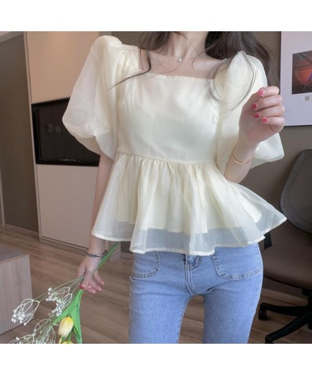 Blouse Women Summer Elegant Lovely Simple Solid Bow Fashion Daily Puff Sleeve Chic Vintage Casual Square Collar Soft Ulzzang ...