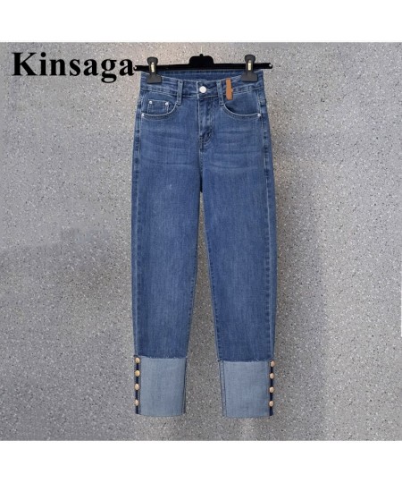 Designer Button Patchwork Cuffed Ankle Length Jeans Summer Streetwear Stretch Skinny Capris Indie Aesthetic Ripped Denim Pant...