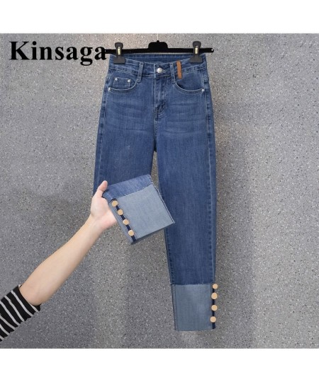 Designer Button Patchwork Cuffed Ankle Length Jeans Summer Streetwear Stretch Skinny Capris Indie Aesthetic Ripped Denim Pant...