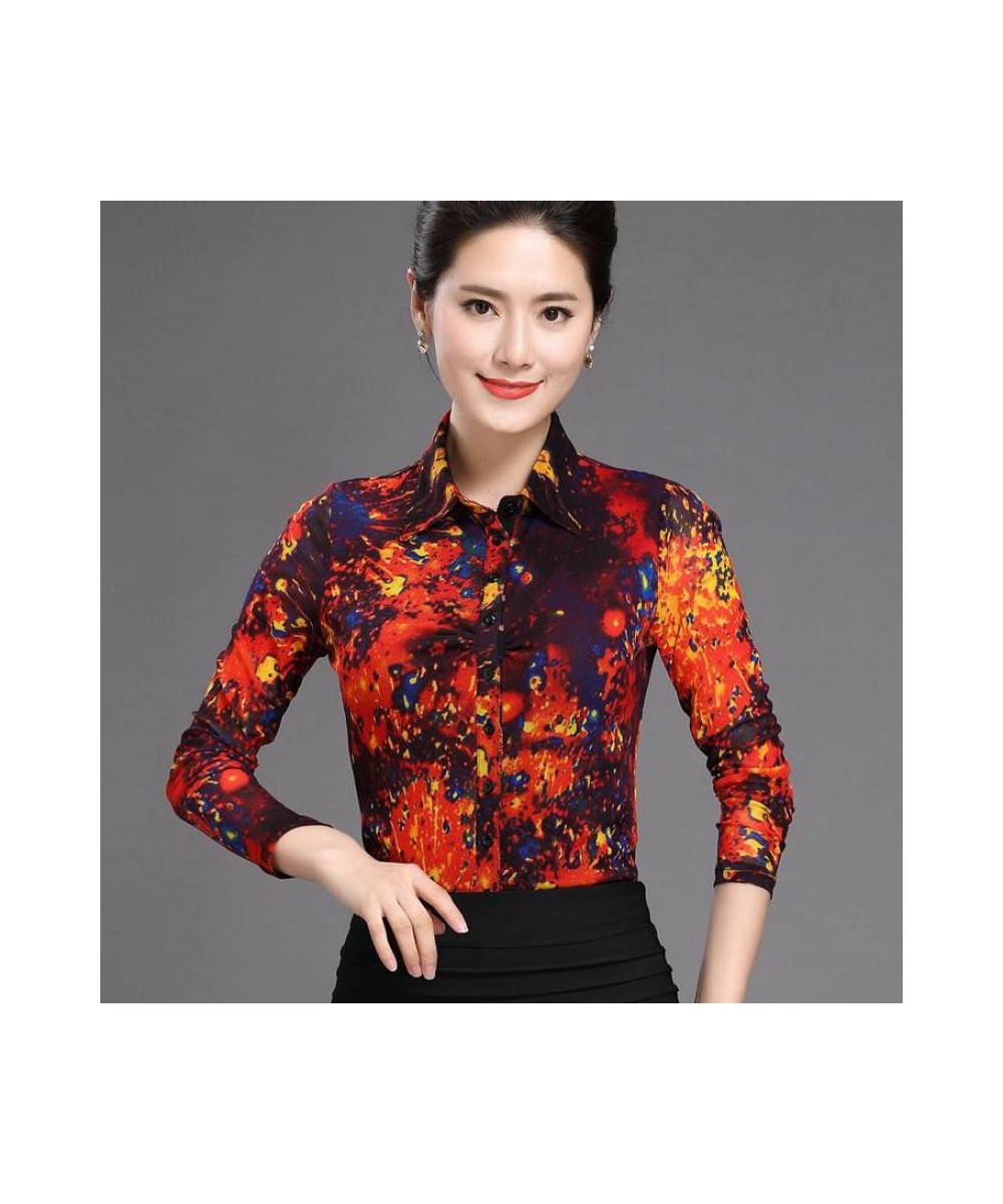 Fall Spring Fashion Office Lady Woman Slim Fit Stretch Floral Full Sleeve Blouse Shirt 4xl Painted Elastic Blouses For Woman ...