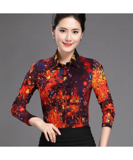 Fall Spring Fashion Office Lady Woman Slim Fit Stretch Floral Full Sleeve Blouse Shirt 4xl Painted Elastic Blouses For Woman ...