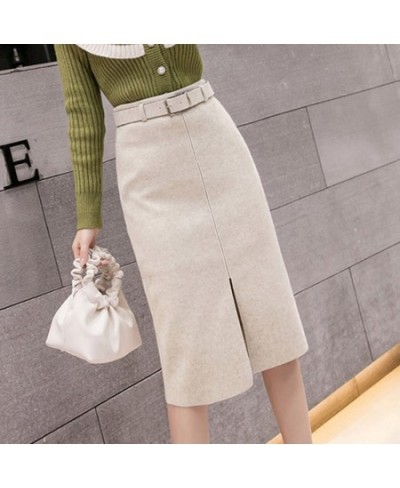 With Belt Woolen Cloth Skirt Women's Autumn Winter Skirt High Waist Long Split Skirt Mujer Faldas Saias Mulher $38.37 - Skirts