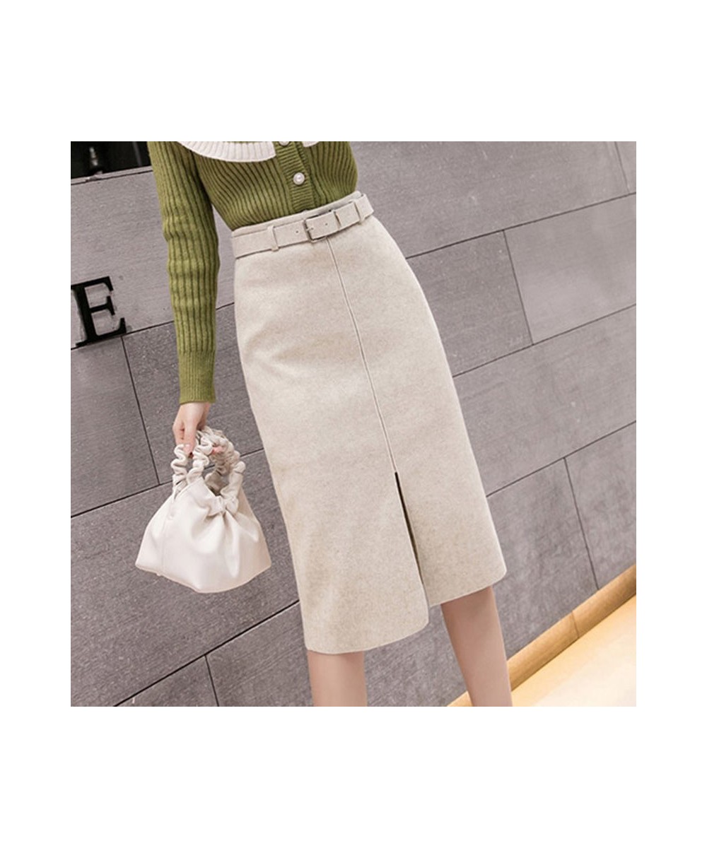 With Belt Woolen Cloth Skirt Women's Autumn Winter Skirt High Waist Long Split Skirt Mujer Faldas Saias Mulher $38.37 - Skirts