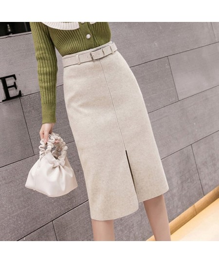 With Belt Woolen Cloth Skirt Women's Autumn Winter Skirt High Waist Long Split Skirt Mujer Faldas Saias Mulher $38.37 - Skirts