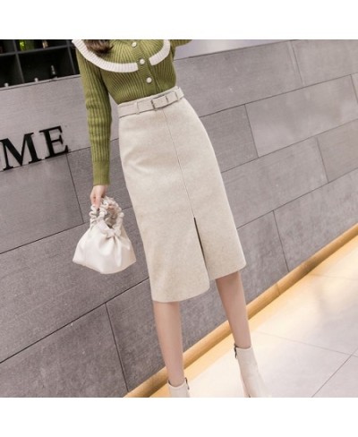 With Belt Woolen Cloth Skirt Women's Autumn Winter Skirt High Waist Long Split Skirt Mujer Faldas Saias Mulher $38.37 - Skirts