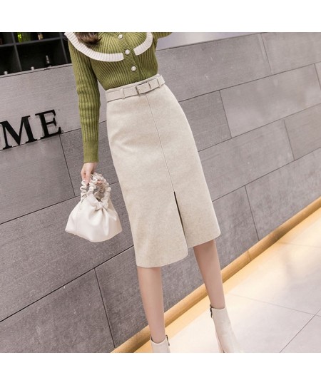 With Belt Woolen Cloth Skirt Women's Autumn Winter Skirt High Waist Long Split Skirt Mujer Faldas Saias Mulher $38.37 - Skirts