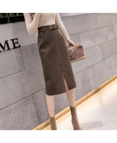 With Belt Woolen Cloth Skirt Women's Autumn Winter Skirt High Waist Long Split Skirt Mujer Faldas Saias Mulher $38.37 - Skirts