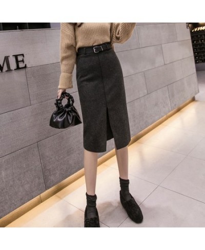 With Belt Woolen Cloth Skirt Women's Autumn Winter Skirt High Waist Long Split Skirt Mujer Faldas Saias Mulher $38.37 - Skirts