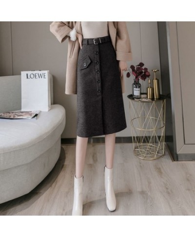 With Belt Woolen Cloth Skirt Women's Autumn Winter Skirt High Waist Long Split Skirt Mujer Faldas Saias Mulher $38.37 - Skirts