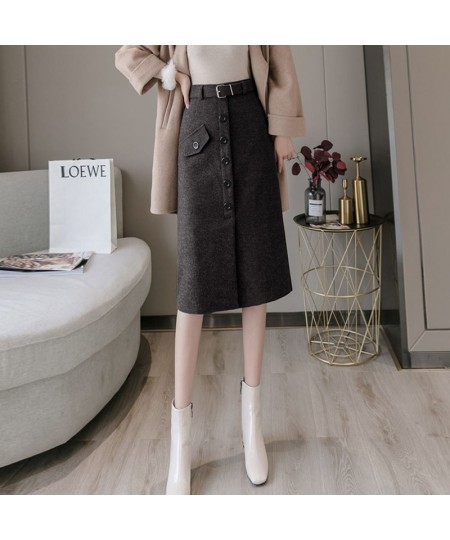 With Belt Woolen Cloth Skirt Women's Autumn Winter Skirt High Waist Long Split Skirt Mujer Faldas Saias Mulher $38.37 - Skirts