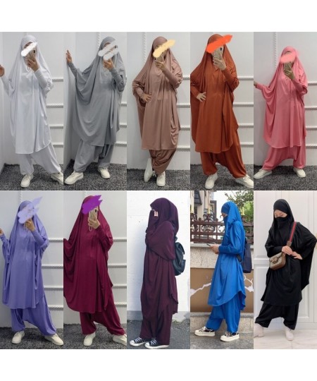 2 Piece Set Prayer Clothing Full Cover Abaya Dress Eid Ramadan Muslim Long Khimar Jilbab Robes Women Baggy Harem Pants $55.93...