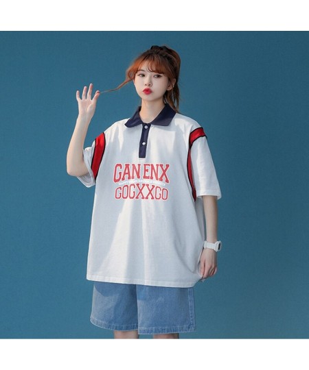 Summer Couple Polo Shirt Simple Ins Loose Short Sleeve T-shirt Vintage Oversized Print Clothes T Shirt Top Harajuku Tee $39.9...