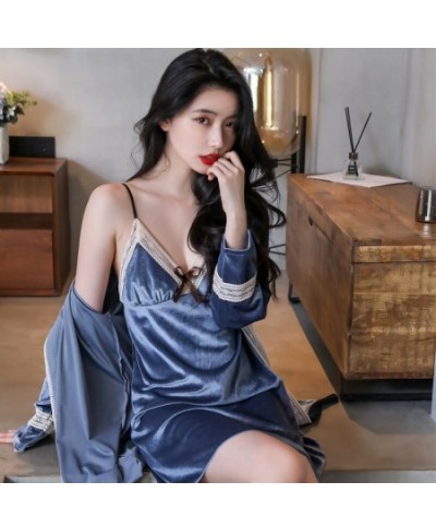 New Spaghetti Strap Velvet Nightwear Lace Trim Sleep Suit Women Nightgown Baggy Homewear Bow Sleepshirt Kimono Bathrobe Gown ...