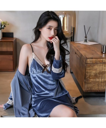 New Spaghetti Strap Velvet Nightwear Lace Trim Sleep Suit Women Nightgown Baggy Homewear Bow Sleepshirt Kimono Bathrobe Gown ...